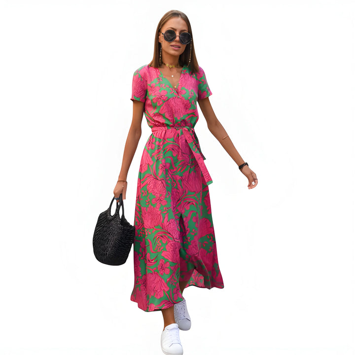 Women's Floral Wrap Midi Summer Dress with Tie Waist
