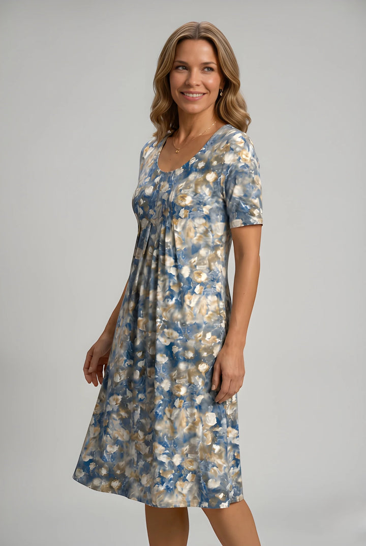 Women's Floral Short Sleeve Midi Dress with Pockets and Pleated Detail