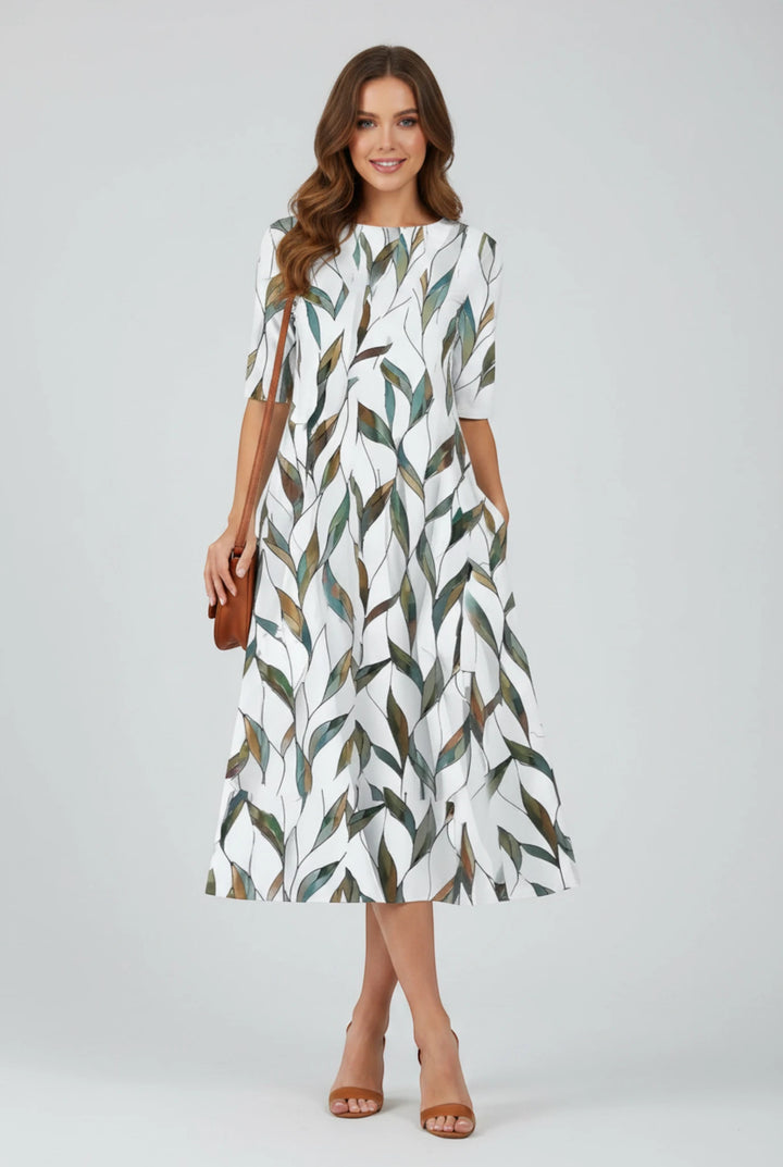 Women's Floral Summer Midi Dress with Round Neck and Half Sleeves