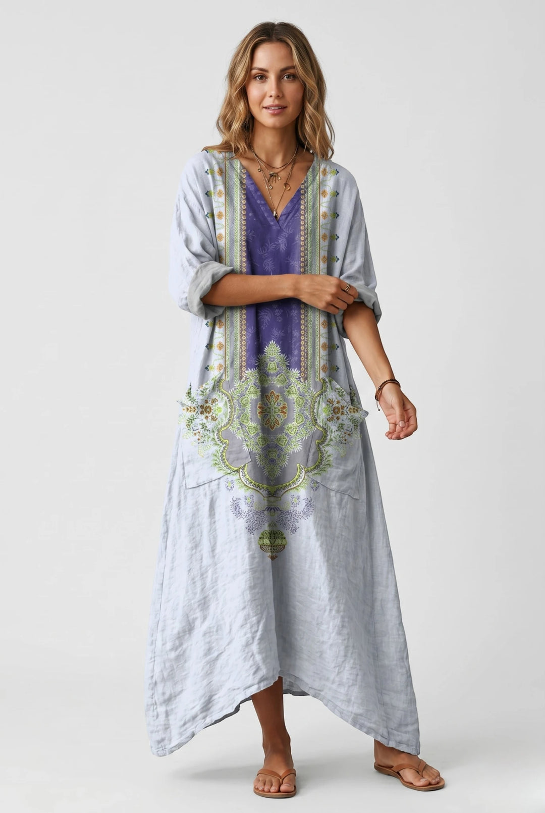 Women's Vintage Smock Maxi Summer Dress with V Neck and Patch Pockets