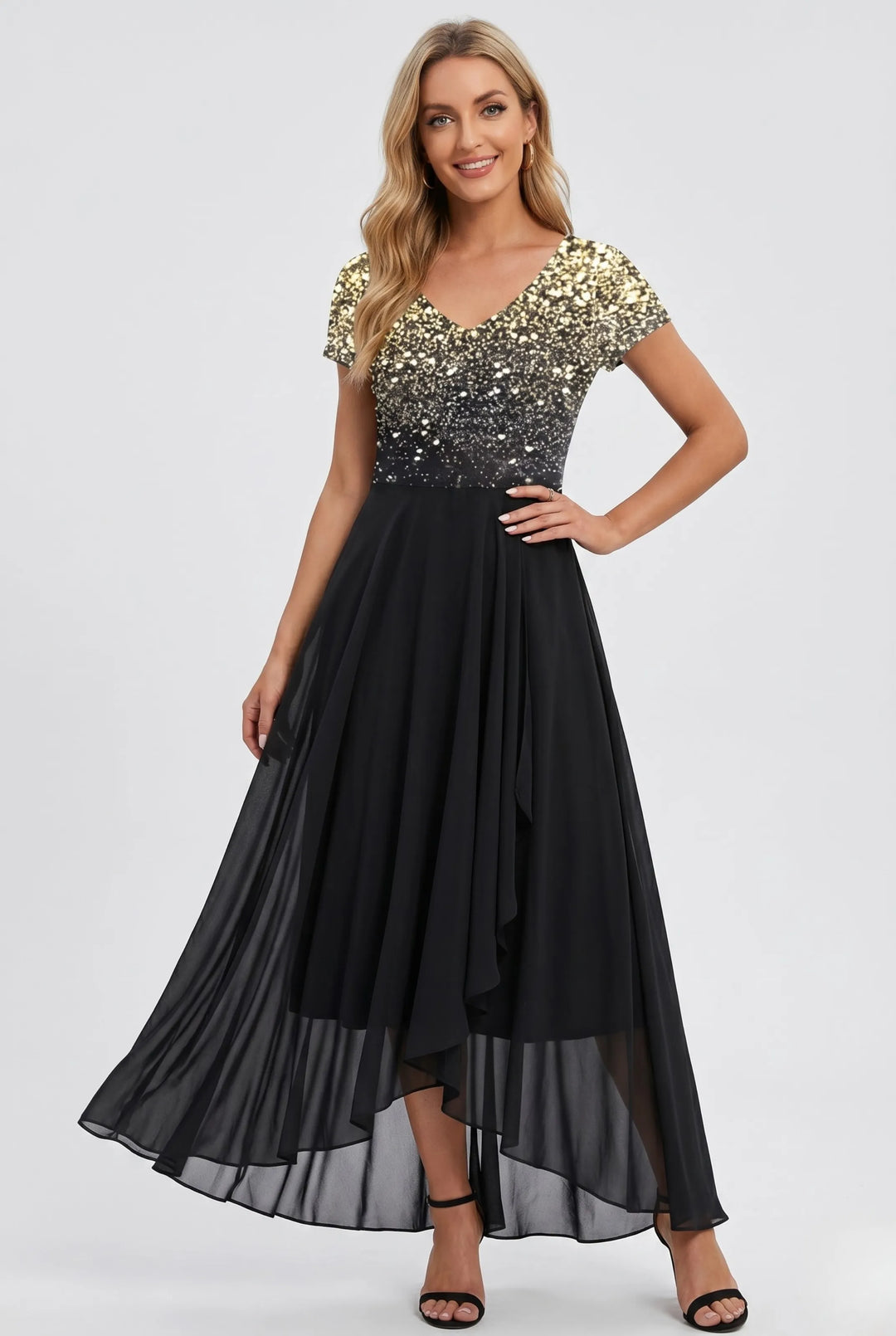 Women's Floral Midi Dress with V Neck and Short Sleeves