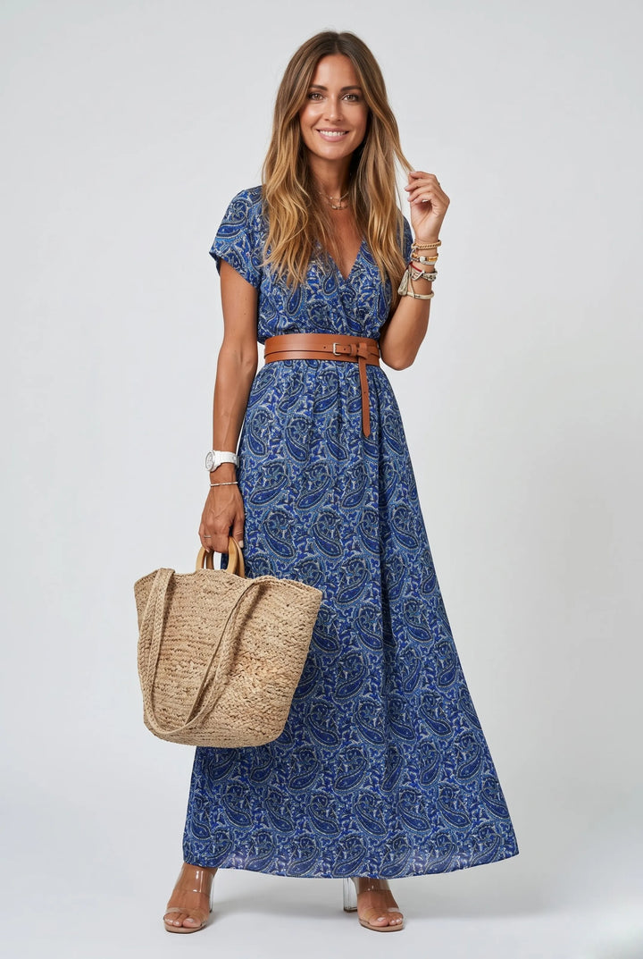 Women's Stunning Floral Maxi Summer Dress with Belted Waist and Side Slit