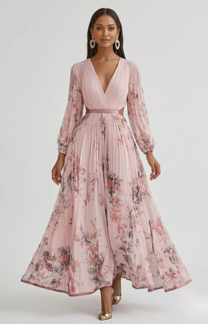 Women's Floral Pleated Maxi Dresses with V Neck