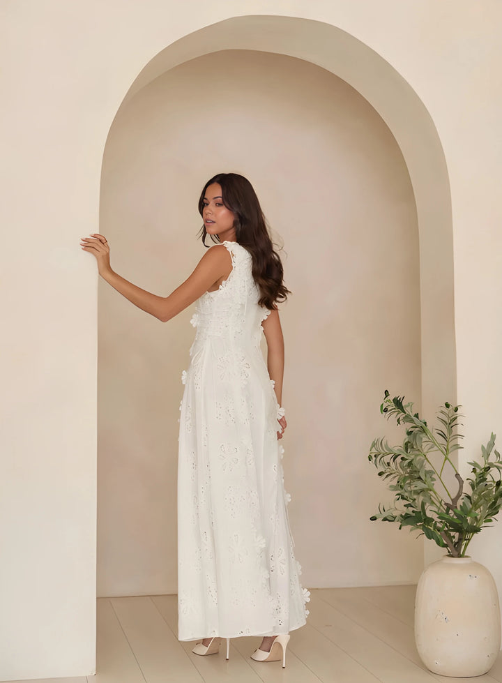 Women's Elegant Maxi Dress with Floral Embroidery and Tie Waist