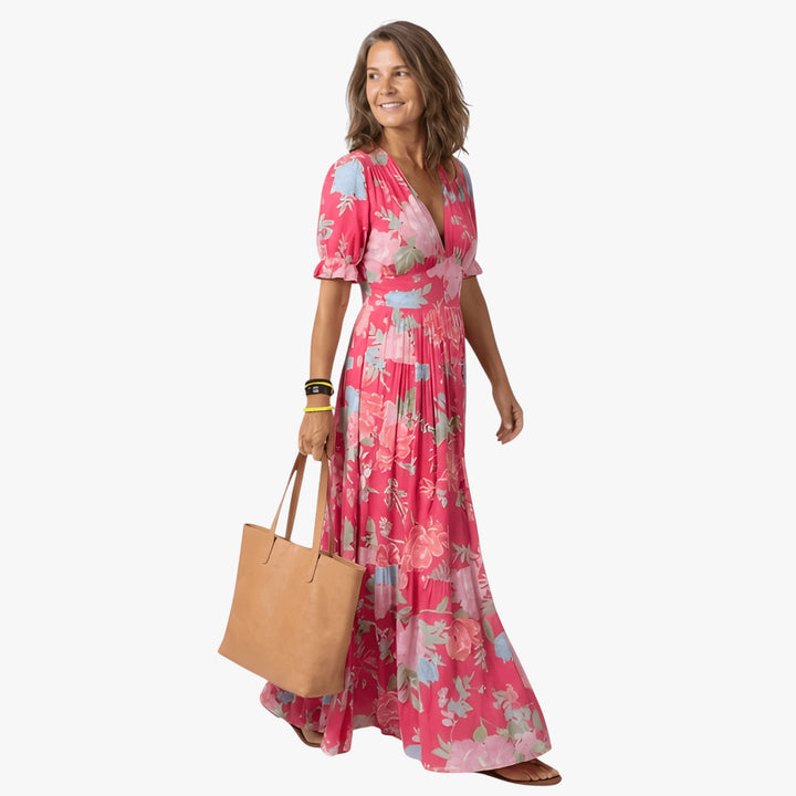 Women's Floral Boho Maxi Summer Dress with Puff Sleeves