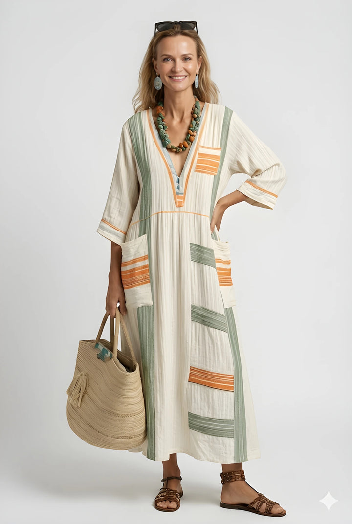 Women's Boho Sun Maxi Dress with Pockets and Pleated Detail