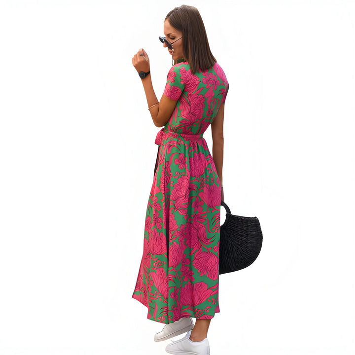 Women's Floral Wrap Midi Summer Dress with Tie Waist