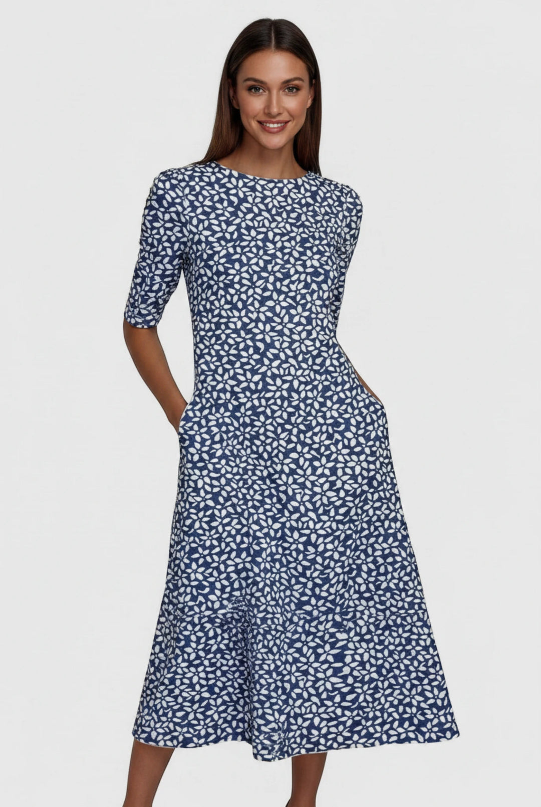 Women's Floral Summer Midi Dress with Round Neck and Half Sleeves