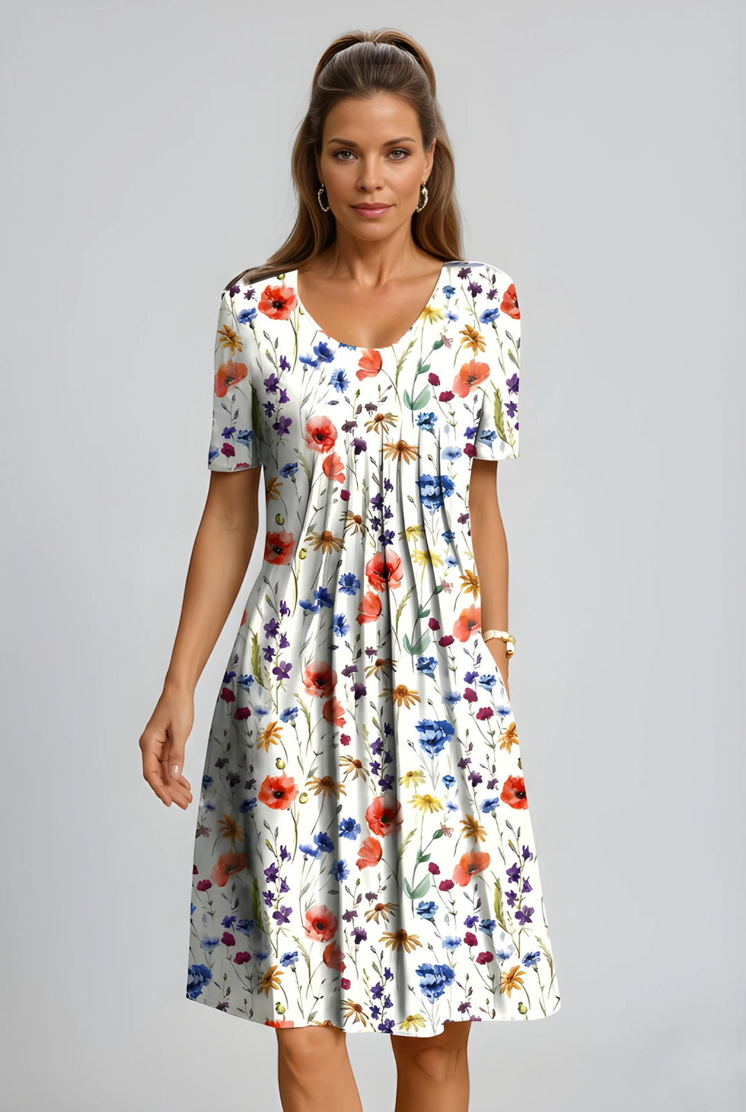 Women's Floral Short Sleeve Midi Dress with Pockets and Pleated Detail