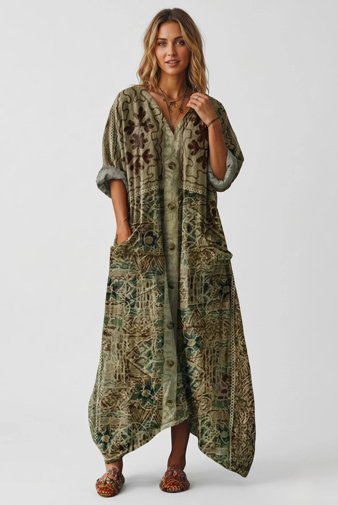 Women's Vintage Smock Maxi Summer Dress with V Neck and Patch Pockets