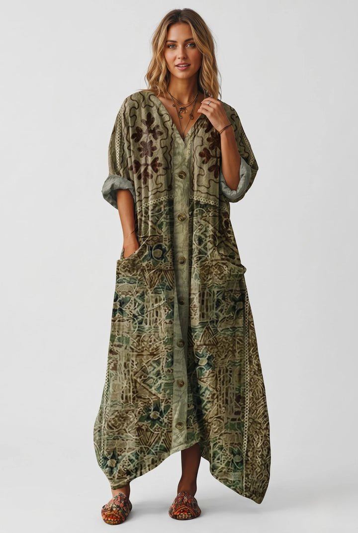 Women's Vintage Smock Maxi Summer Dress with V Neck and Patch Pockets