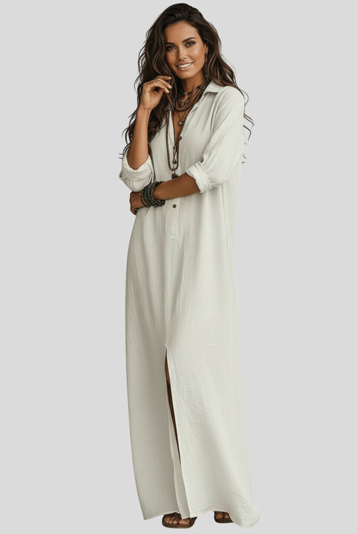Women's Relaxed Summer Maxi Shirt Dress with V Neck and Long Sleeves
