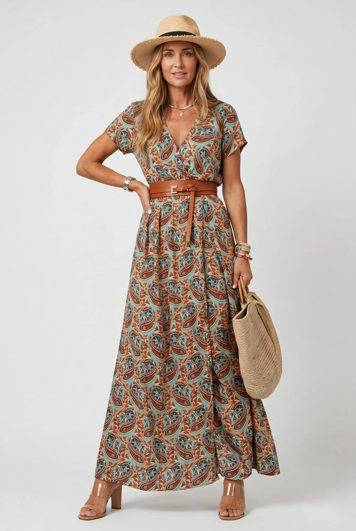 Women's Stunning Floral Maxi Summer Dress with Belted Waist and Side Slit
