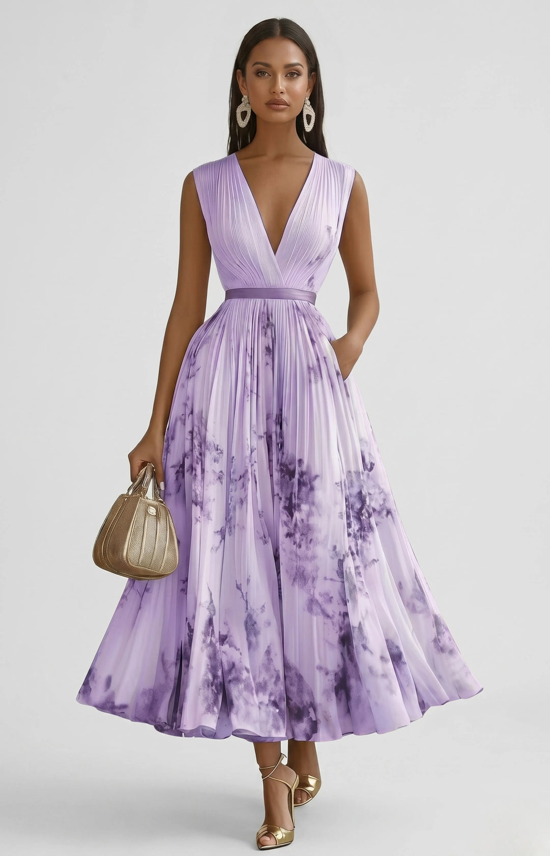 Women's Floral Pleated Maxi Dresses with V Neck