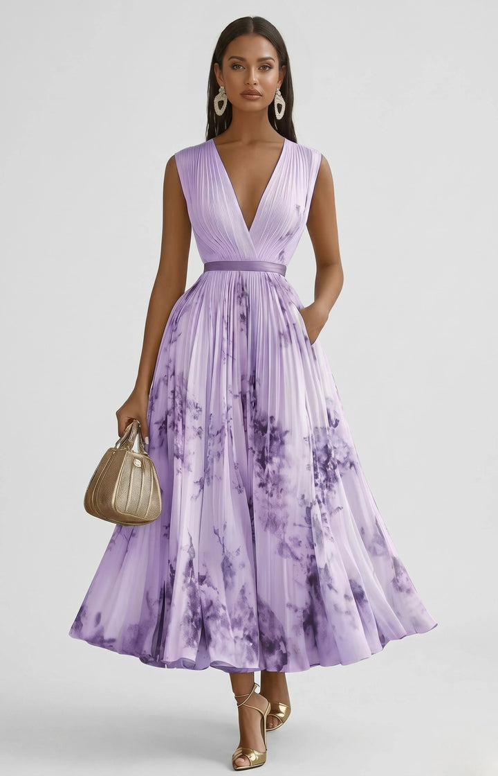 Women's Floral Pleated Maxi Dresses with V Neck