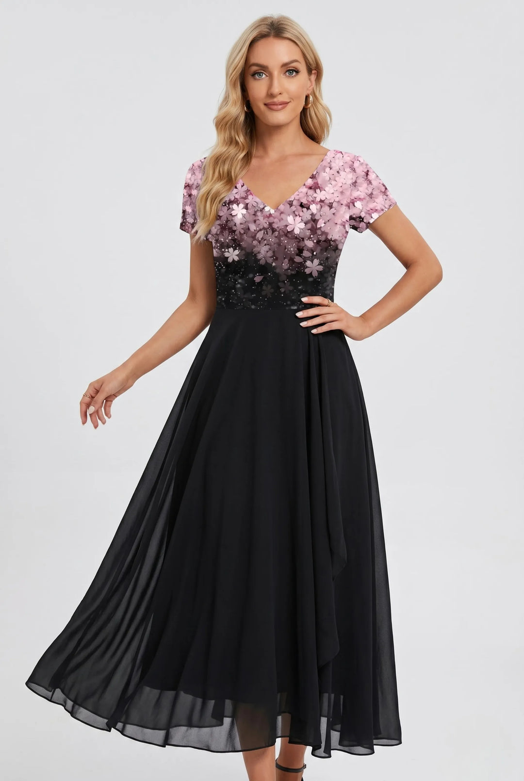 Women's Floral Midi Dress with V Neck and Short Sleeves