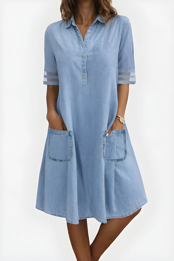 Women's Modest Smock Denim Midi Dress with Mesh Details and Pockets