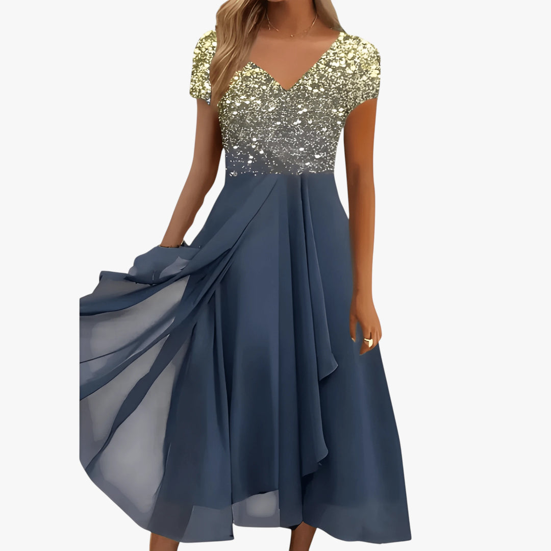 Women's Sparkly Elegant Midi Summer Dress with Short Sleeves