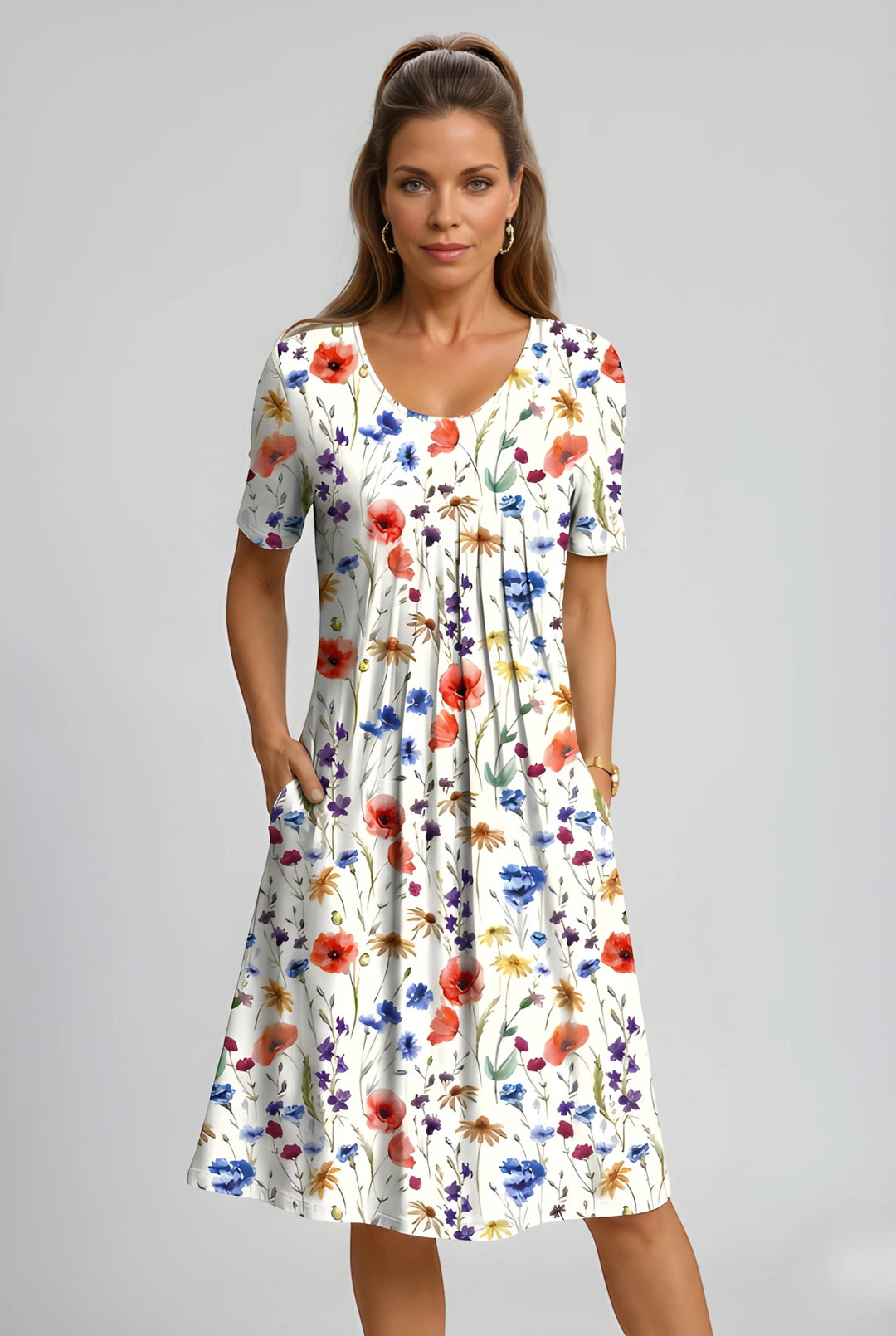 Women's Floral Short Sleeve Midi Dress with Pockets and Pleated Detail