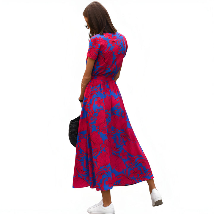 Women's Floral Wrap Midi Summer Dress with Tie Waist