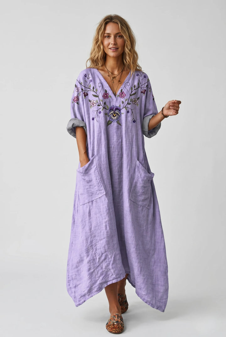 Women's Vintage Smock Maxi Summer Dress with V Neck and Patch Pockets