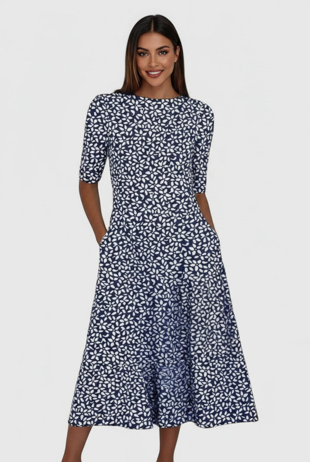 Women's Floral Summer Midi Dress with Round Neck and Half Sleeves