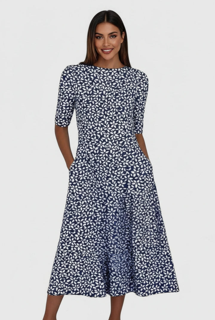 Women's Floral Summer Midi Dress with Round Neck and Half Sleeves