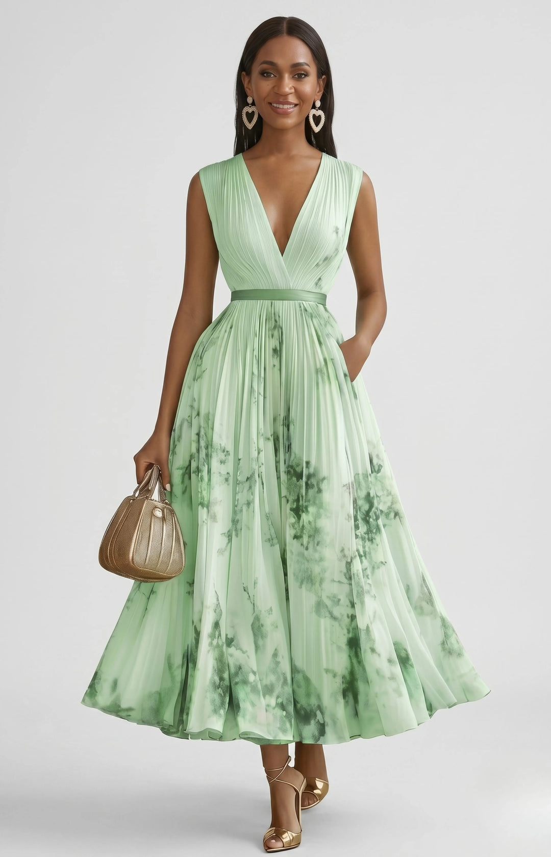 Women's Floral Pleated Maxi Dresses with V Neck