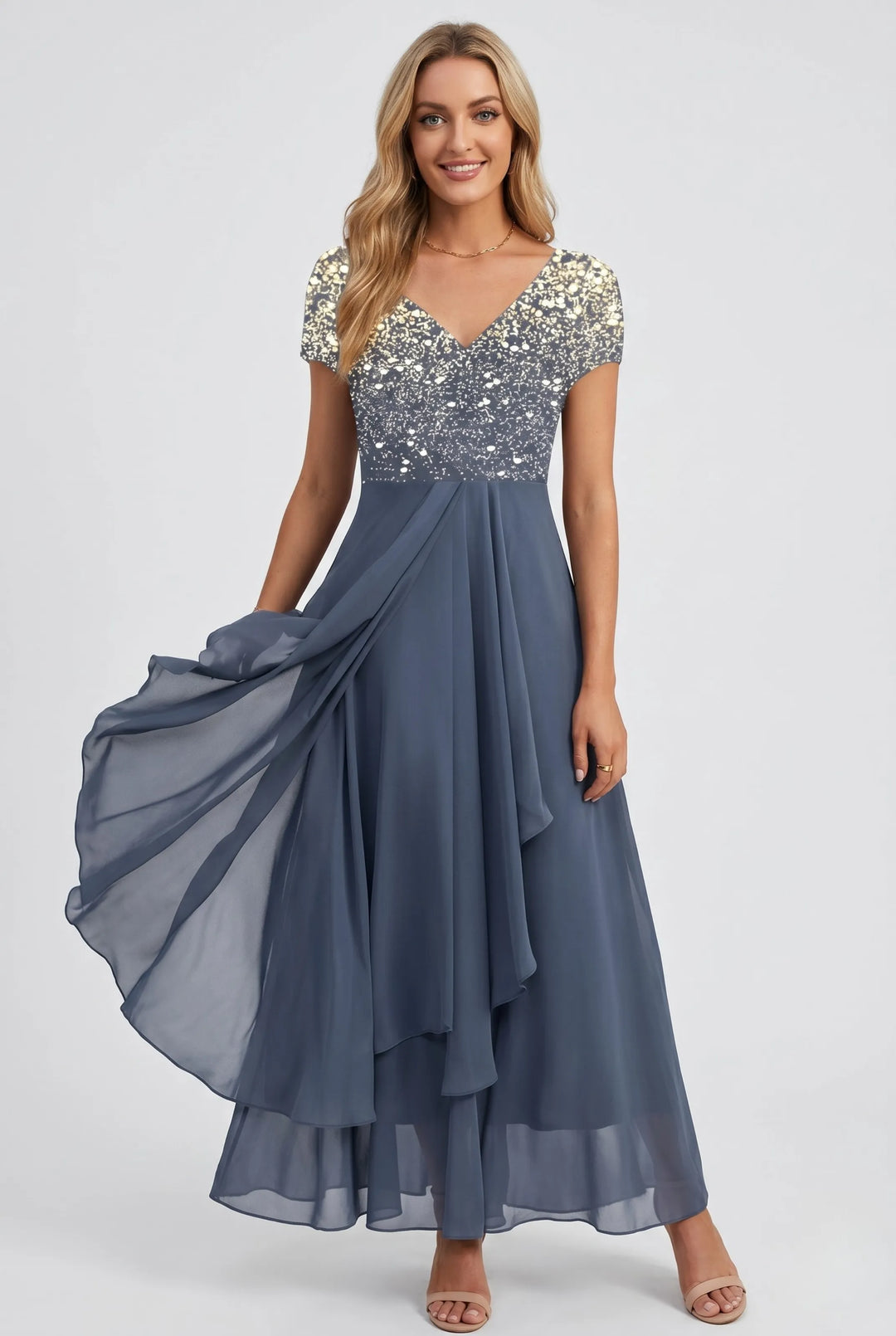 Women's Floral Midi Dress with V Neck and Short Sleeves