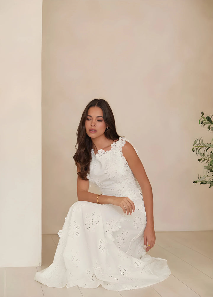 Women's Elegant Maxi Dress with Floral Embroidery and Tie Waist