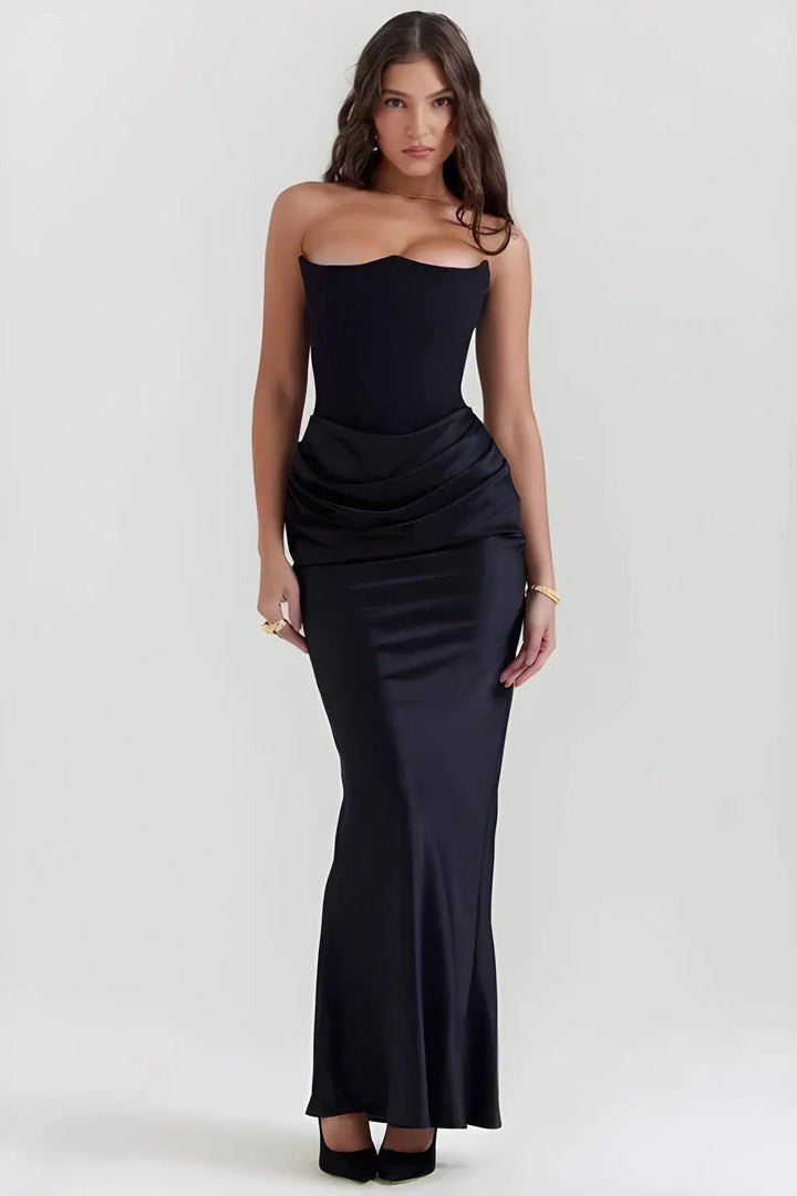 Women's Elegant Stunning Maxi Dress with Corset Bodice and Pleated Waistband