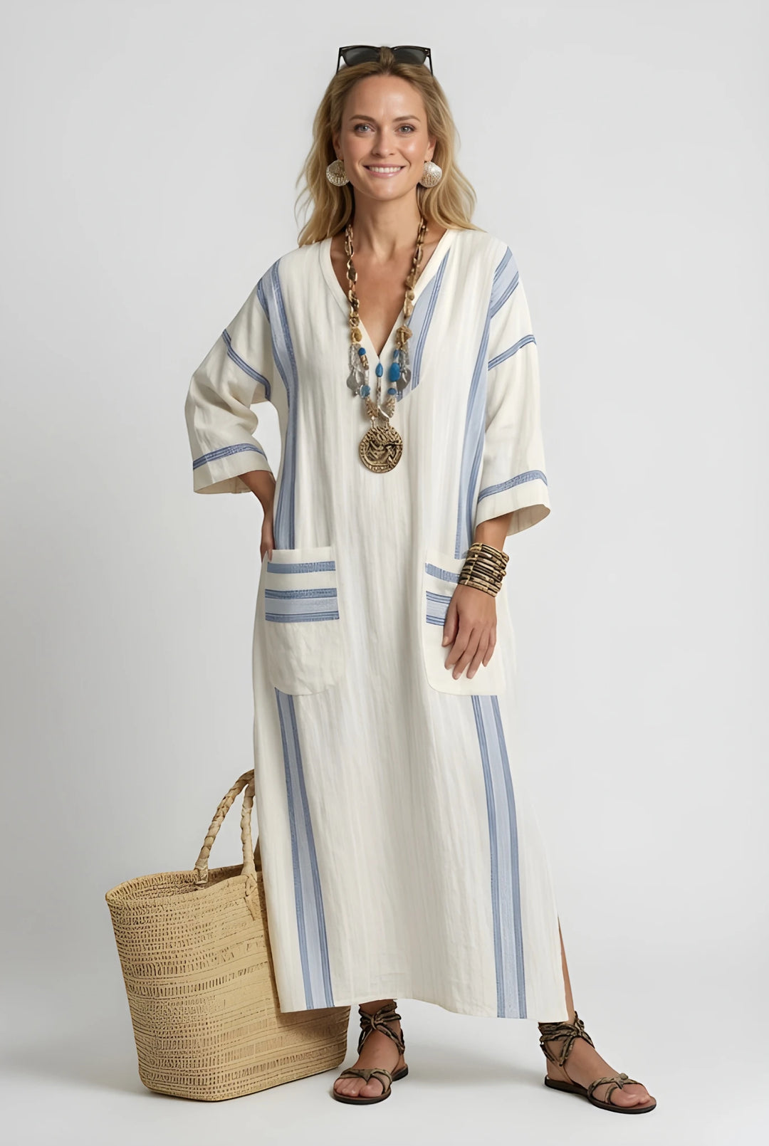 Women's Boho Sun Maxi Dress with Pockets and Pleated Detail