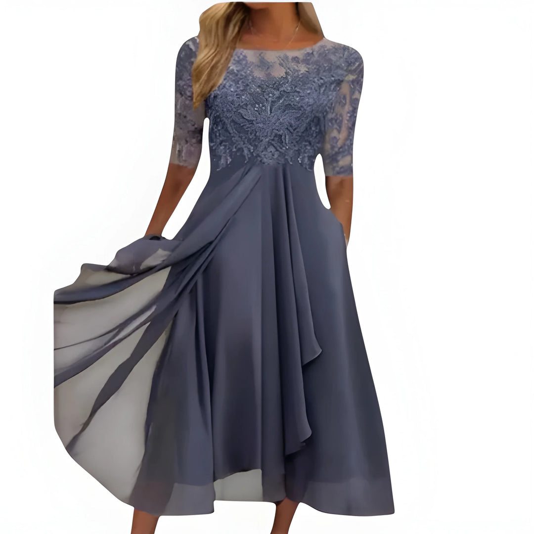 Women's Formal Elegant Midi Summer Dress with Embroidered Detail