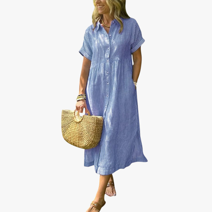 Women's Boho Shirt Midi Summer Dress with Striped Pattern