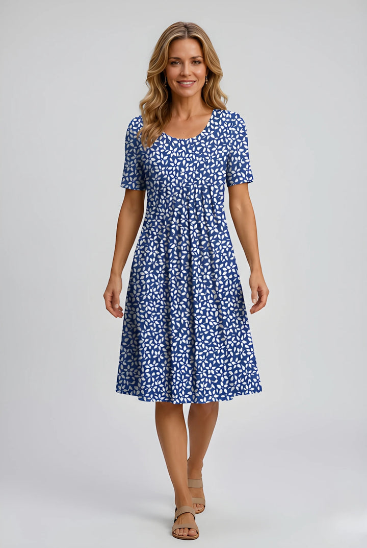 Women's Floral Short Sleeve Midi Dress with Pockets and Pleated Detail
