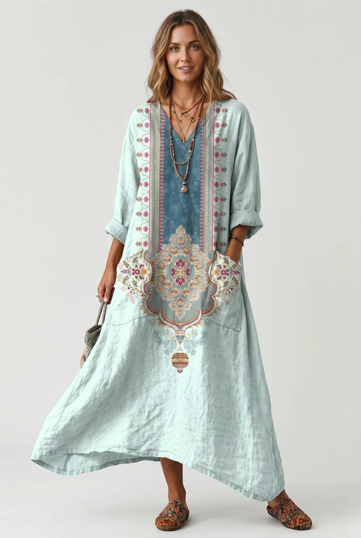 Women's Vintage Smock Maxi Summer Dress with V Neck and Patch Pockets