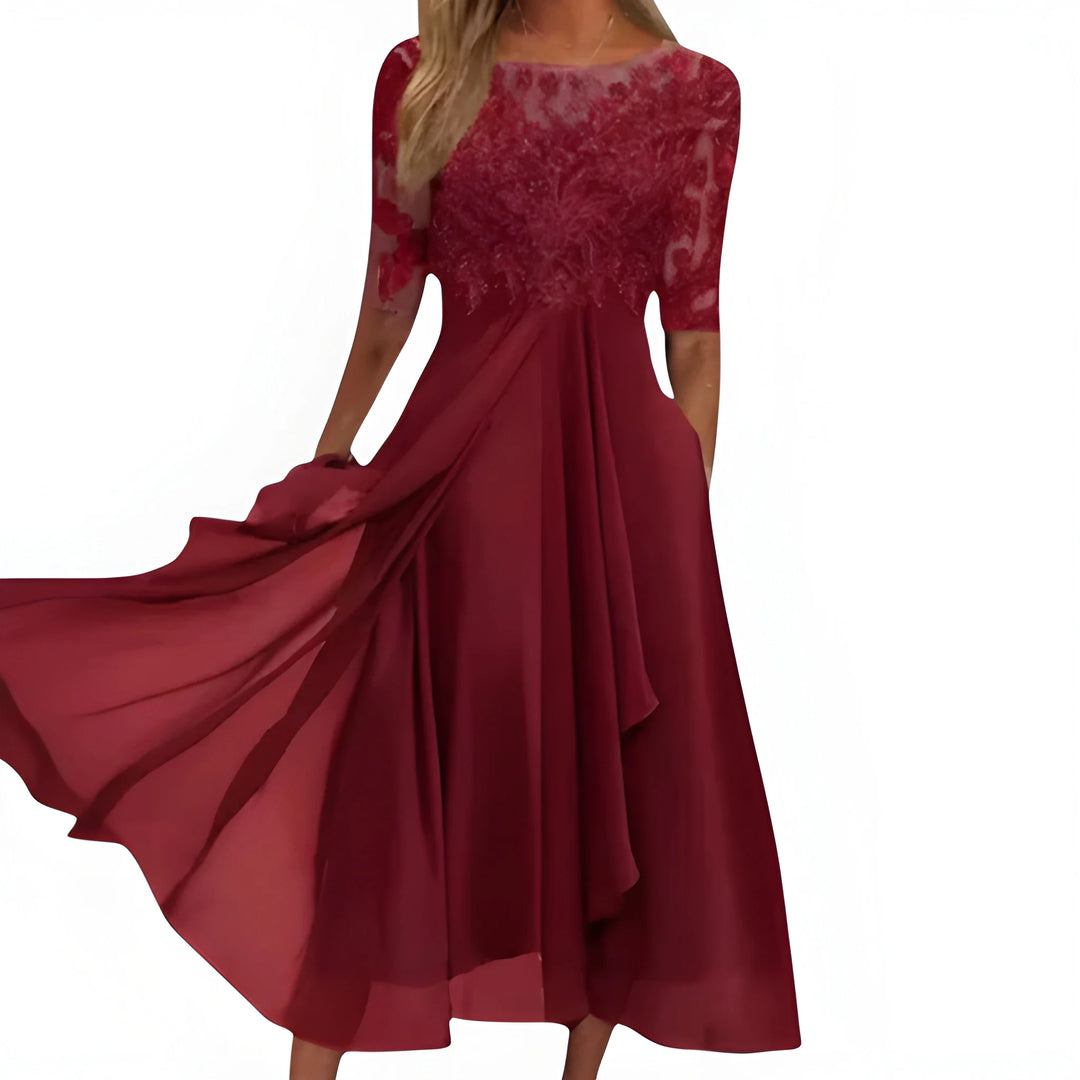 Women's Formal Elegant Midi Summer Dress with Embroidered Detail