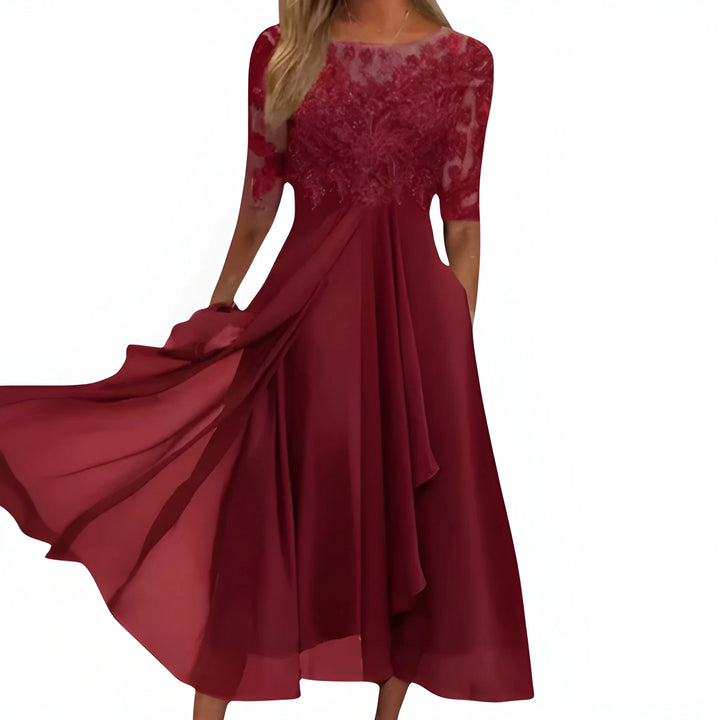 Women's Formal Elegant Midi Summer Dress with Embroidered Detail