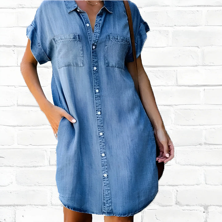 Women's Modest Smock Denim Midi Dress with Patch Pockets and Button Front