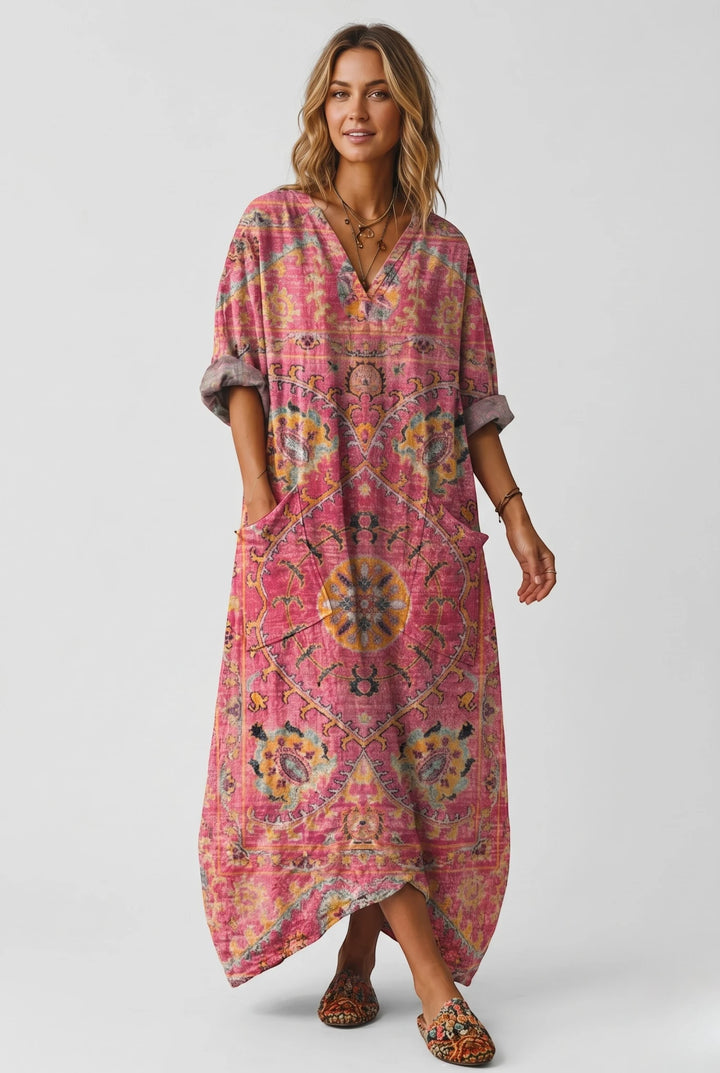 Women's Vintage Smock Maxi Summer Dress with V Neck and Patch Pockets