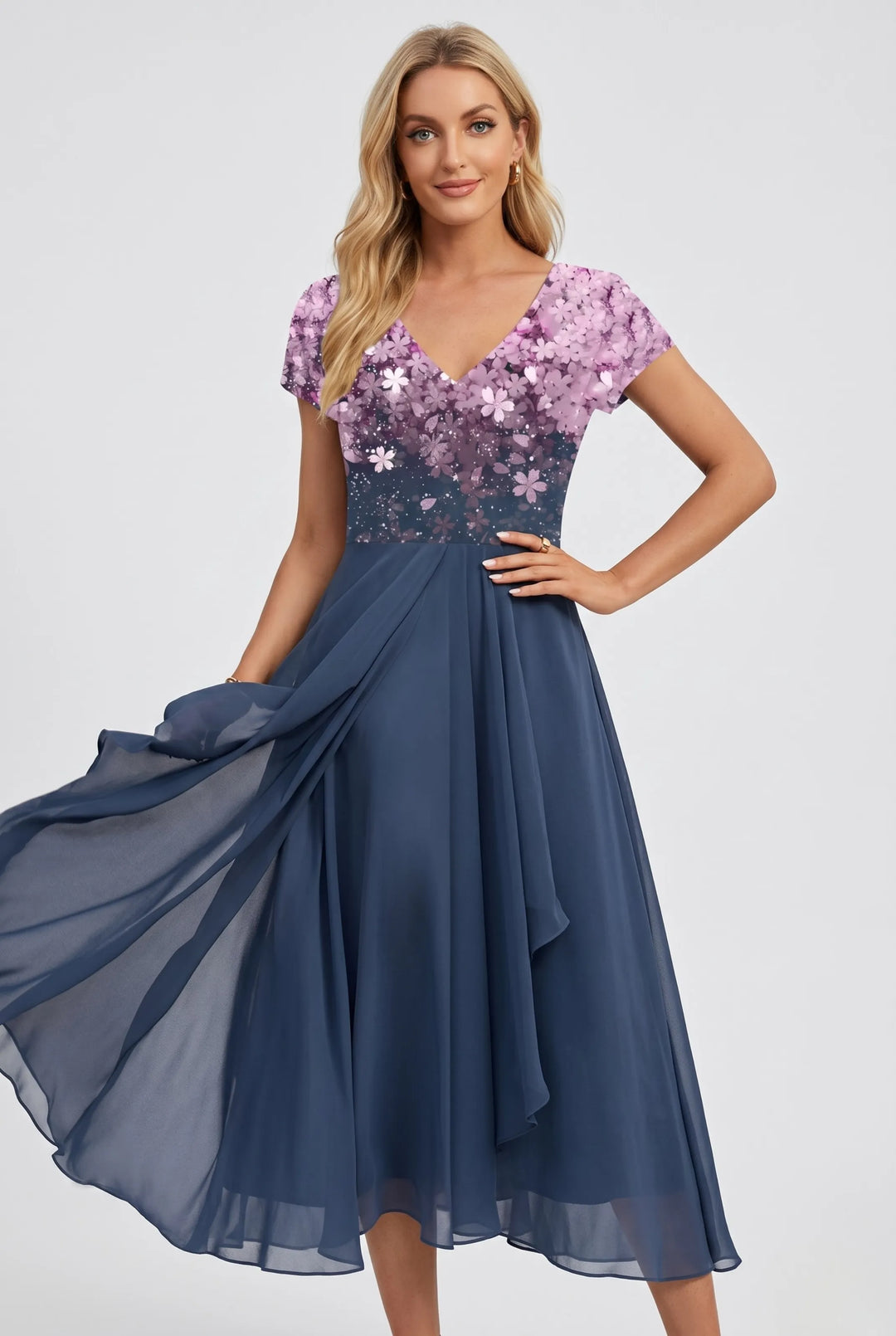 Women's Floral Midi Dress with V Neck and Short Sleeves
