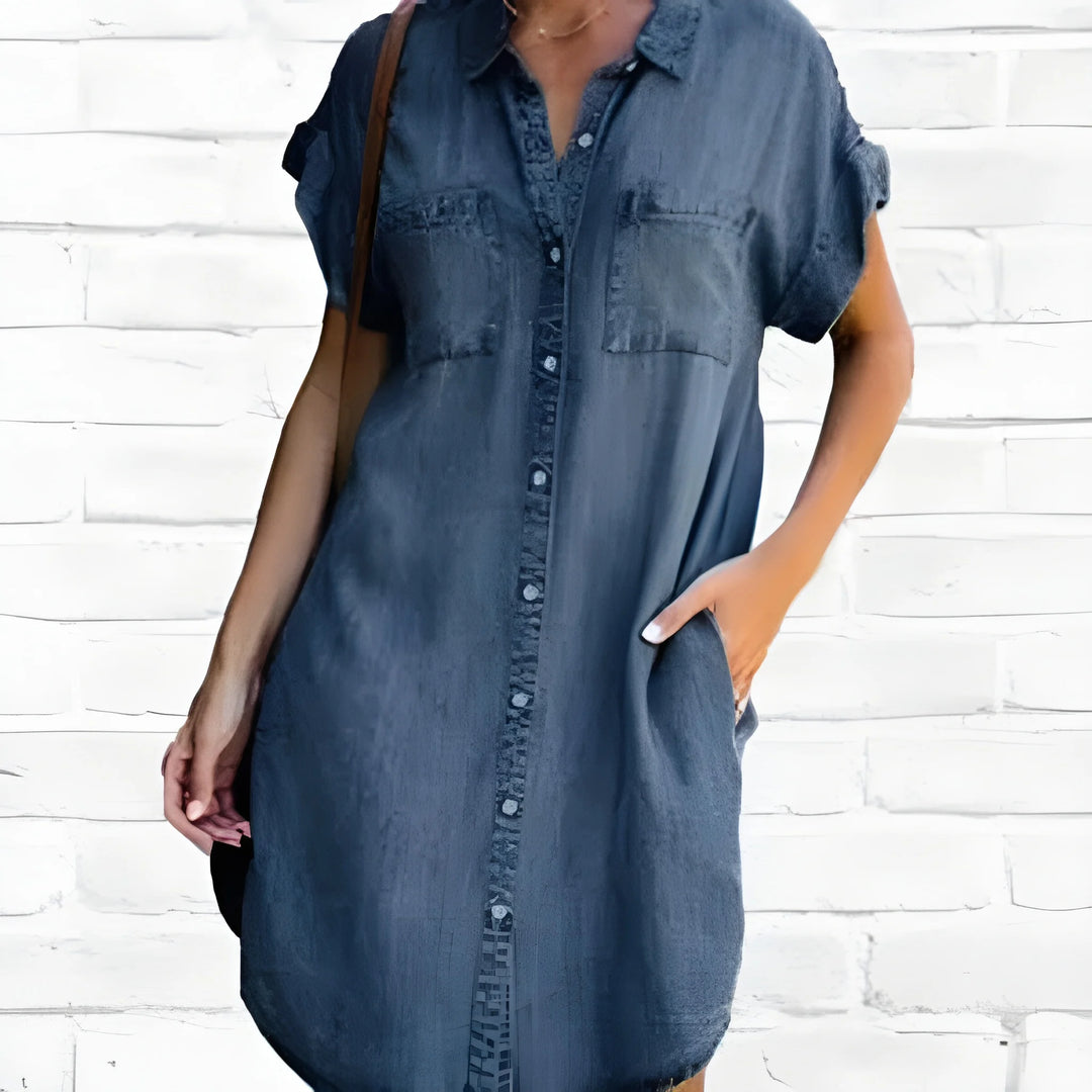 Women's Modest Smock Denim Midi Dress with Patch Pockets and Button Front