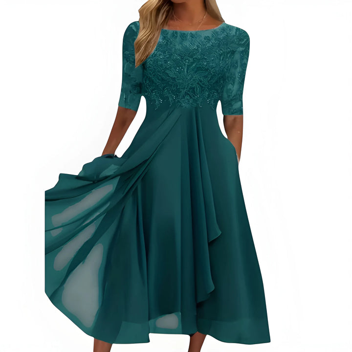 Women's Formal Elegant Midi Summer Dress with Embroidered Detail