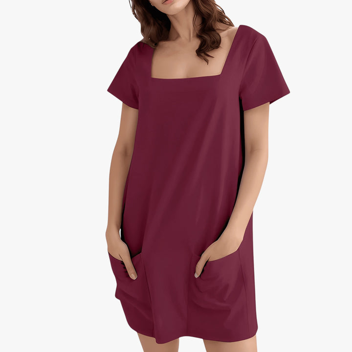 Women's Elegant Mini Summer Dress with Square Neck and Front Pockets