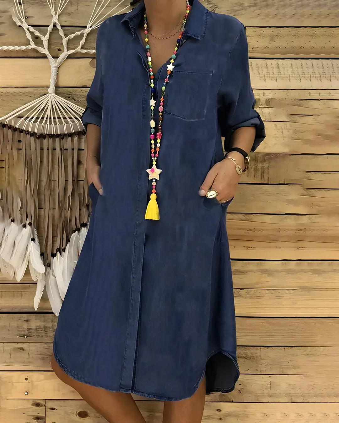 Women's Shirt Midi Denim Dress with Button Closure and Pockets