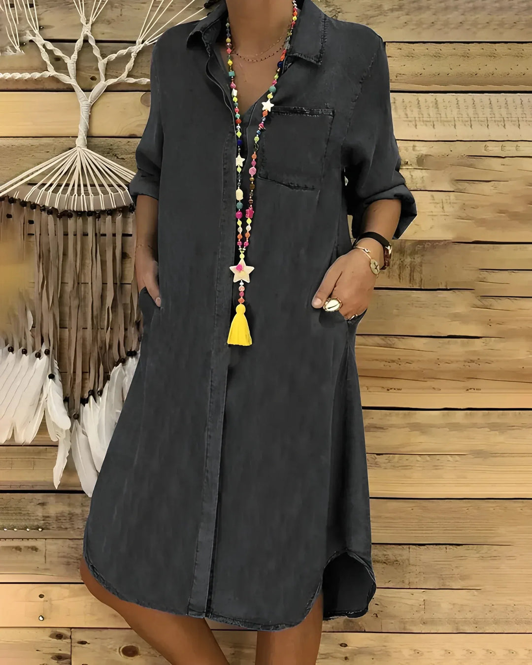 Women's Shirt Midi Denim Dress with Button Closure and Pockets