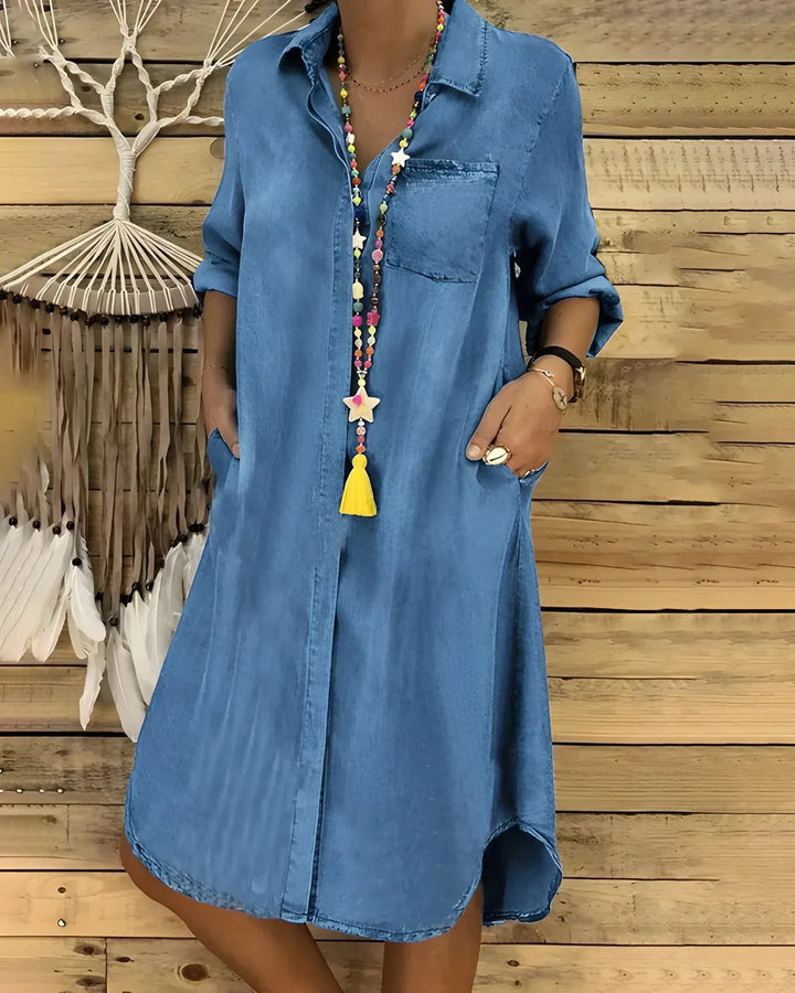 Women's Shirt Midi Denim Dress with Button Closure and Pockets