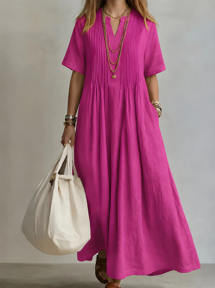 Women's Elegant Maxi Dress with Pleated Front and Pockets