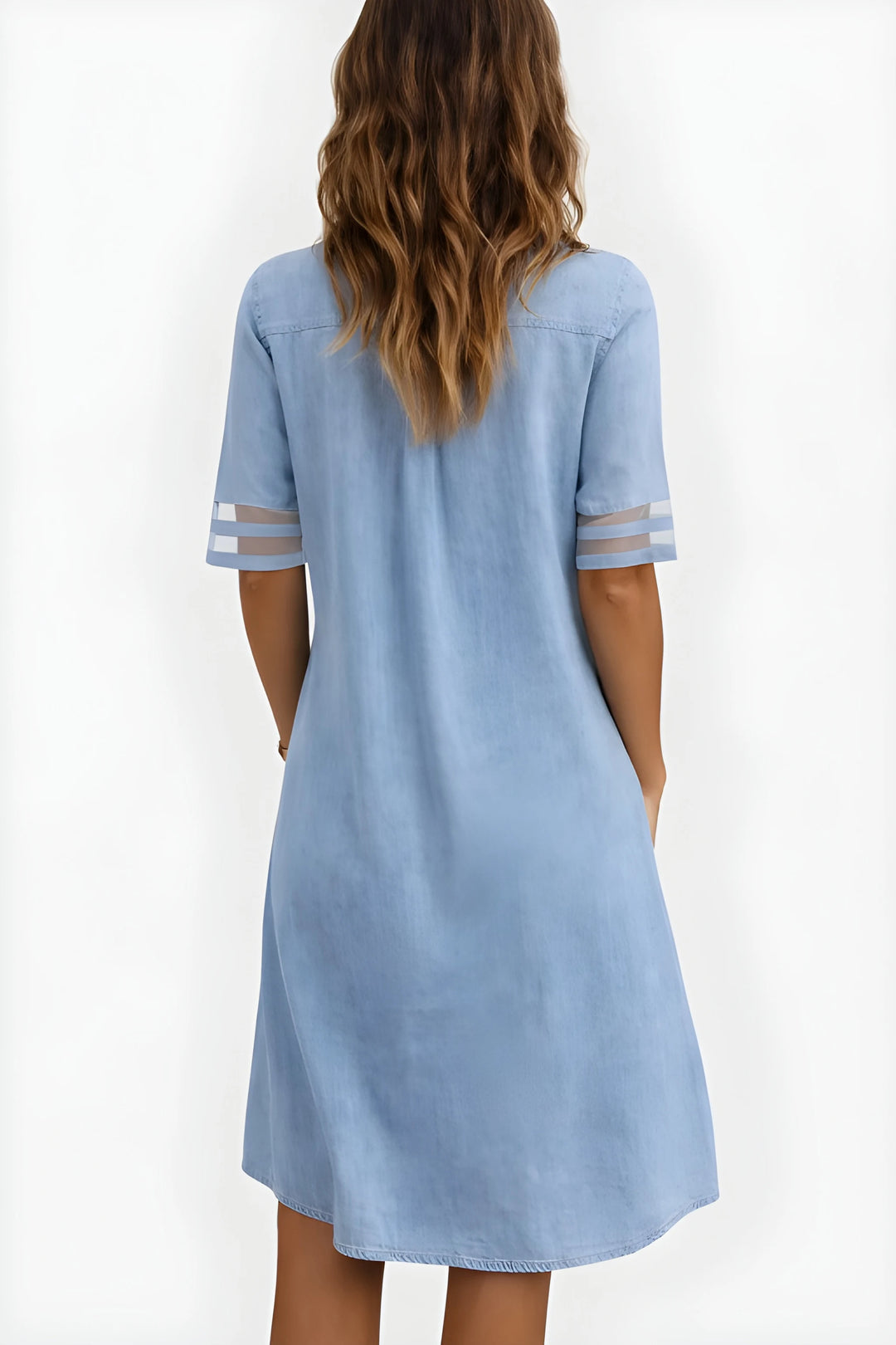 Women's Modest Smock Denim Midi Dress with Mesh Details and Pockets