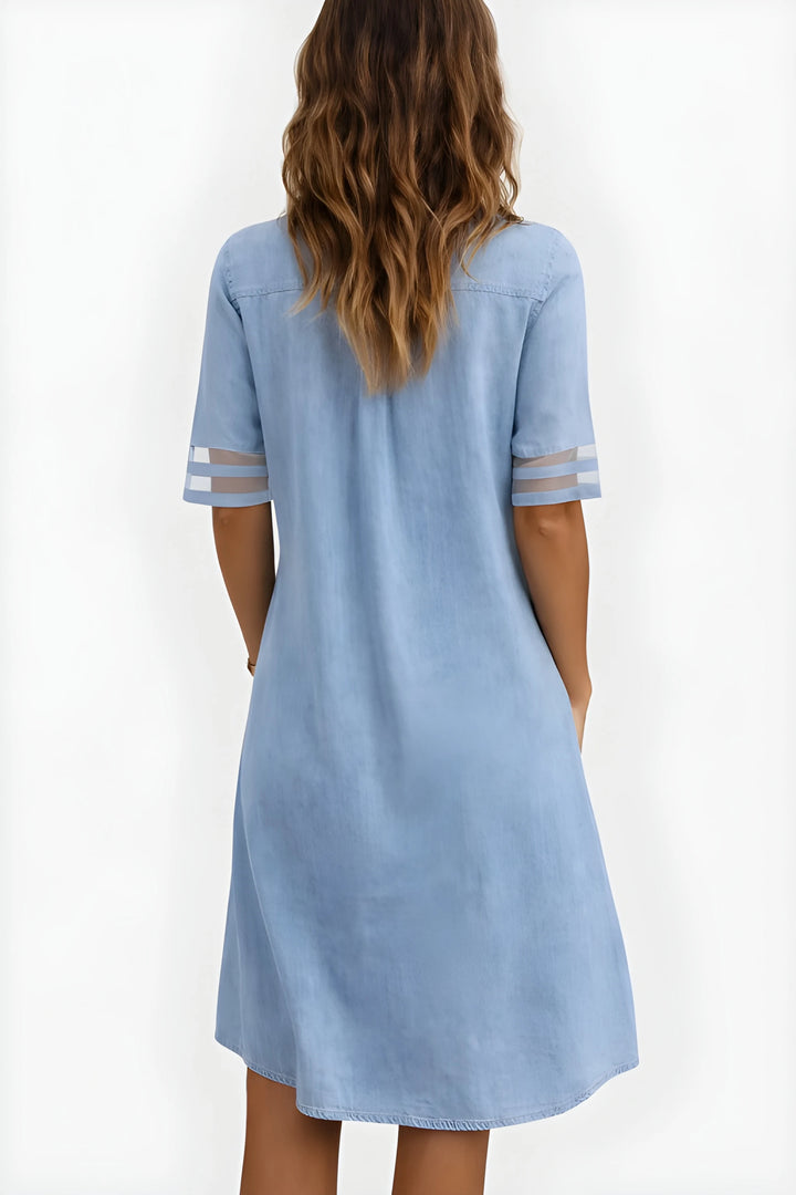 Women's Modest Smock Denim Midi Dress with Mesh Details and Pockets